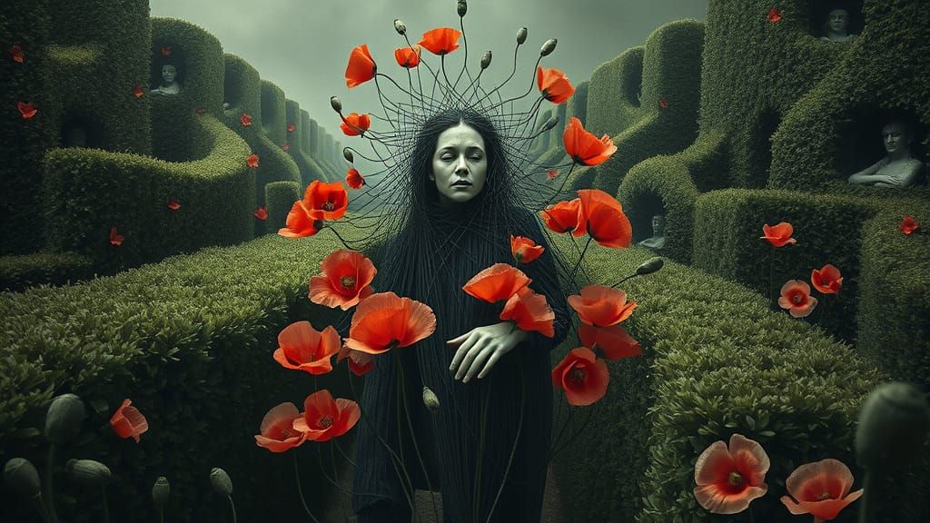 String Woman in Gothic Horror Hedge Maze