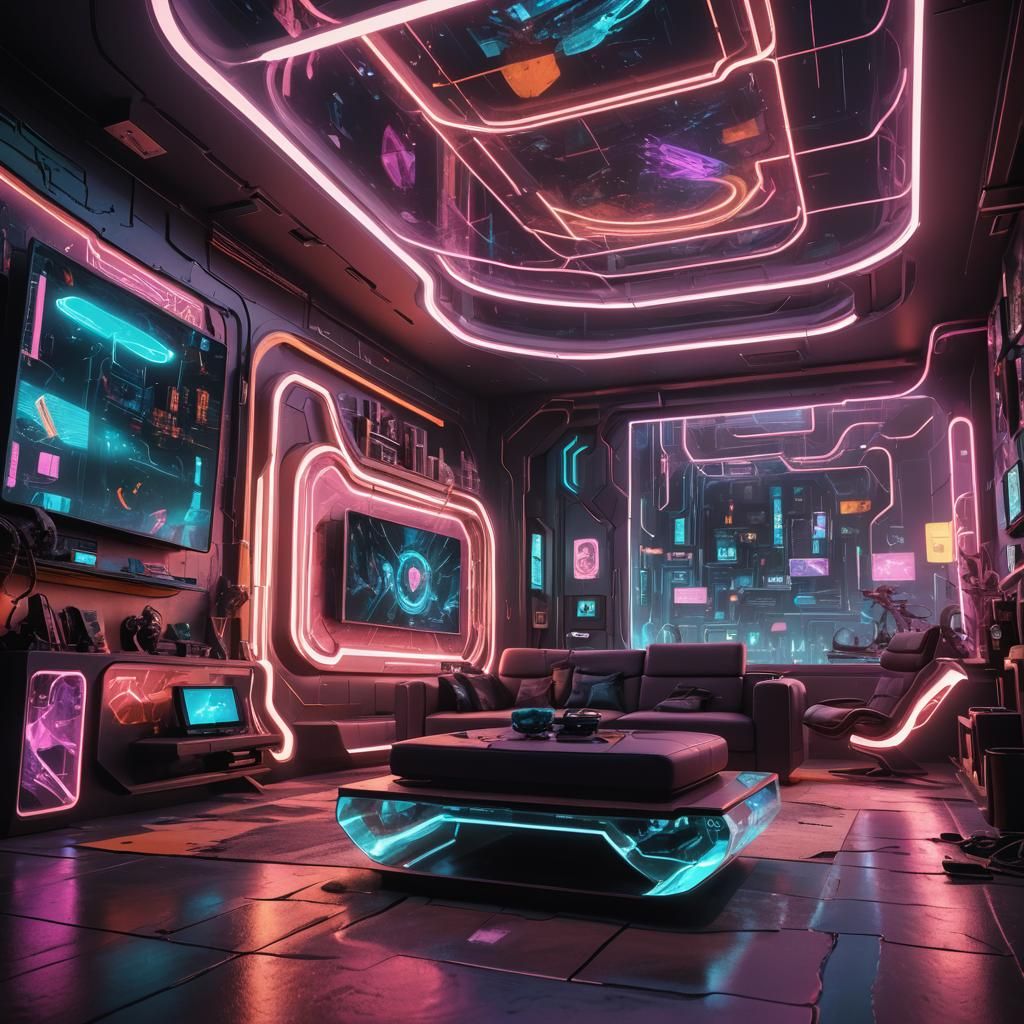 Cyberpunk Living Room with Neon Lights and Gadgets