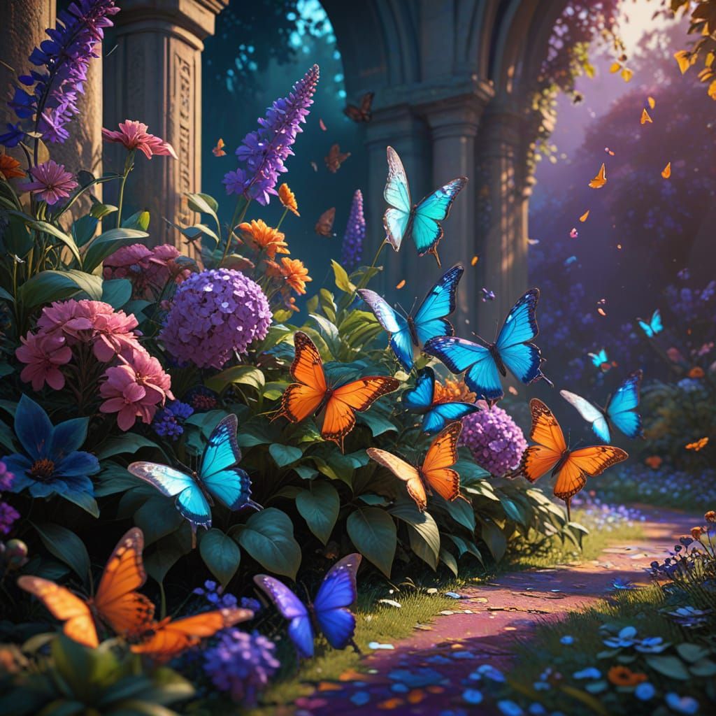 Vibrant Floral Scene with Butterflies in a Whimsical, Hyper-...