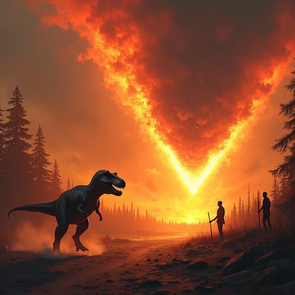 Tyrannosaurus Rex Running from Meteor in Apocalyptic Landsca...