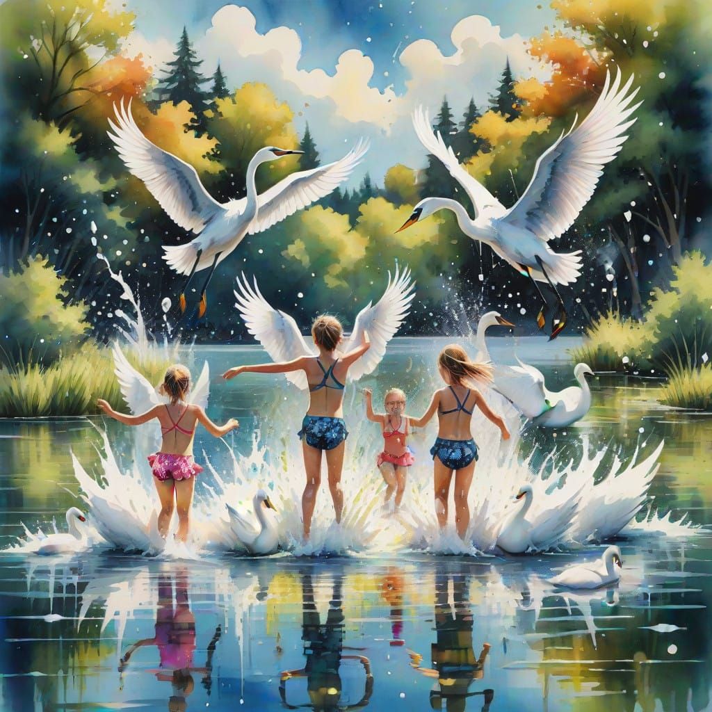 Children and Birds in Vibrant Lake Scene