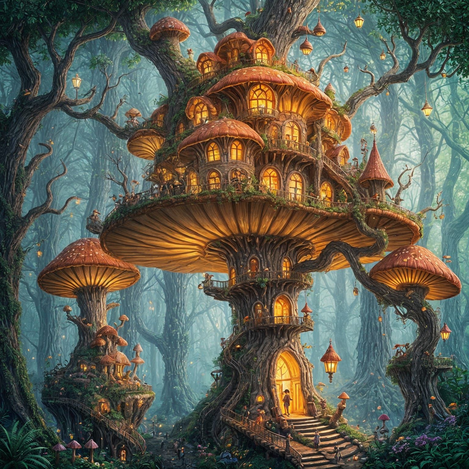 Ancient Treehouse City on Glowing Mushroom