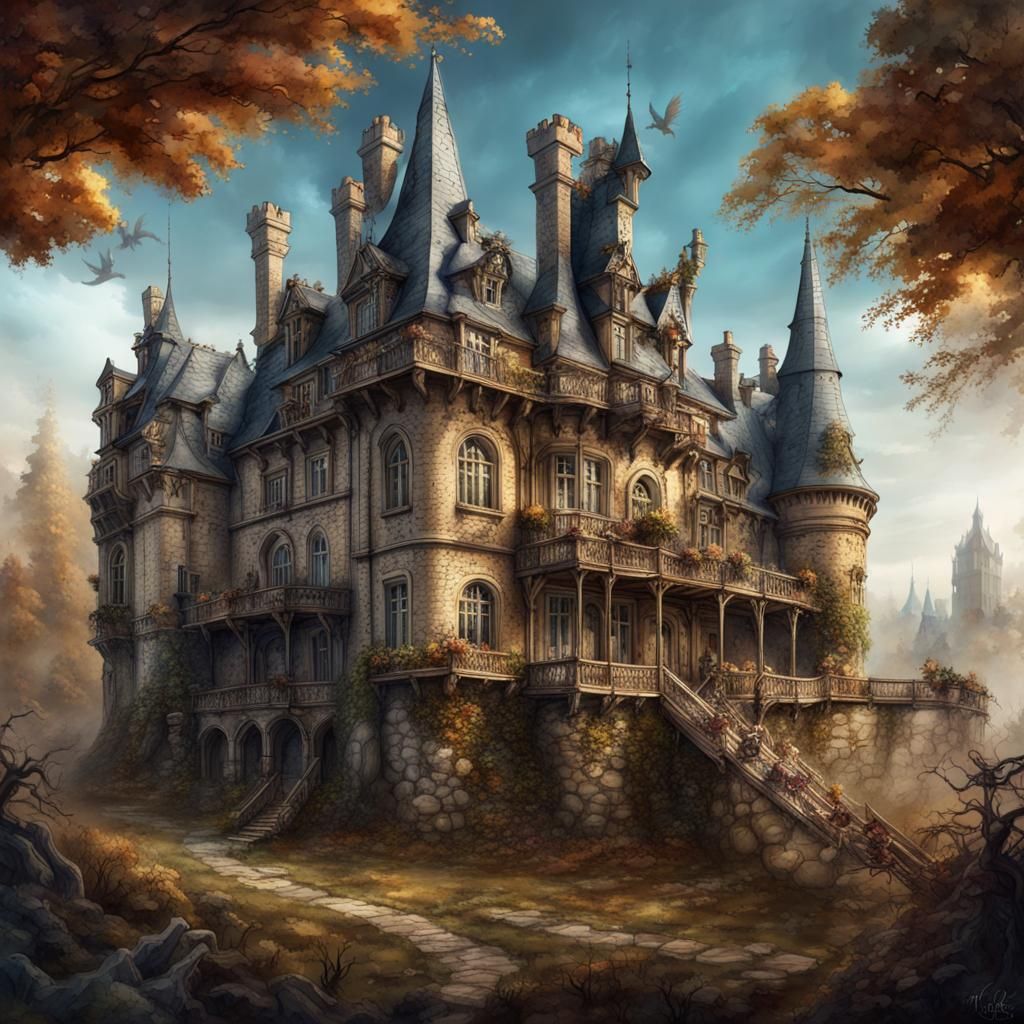 Sleeping Beauty Castle Diorama with Dragon, Steampunk Waterc...