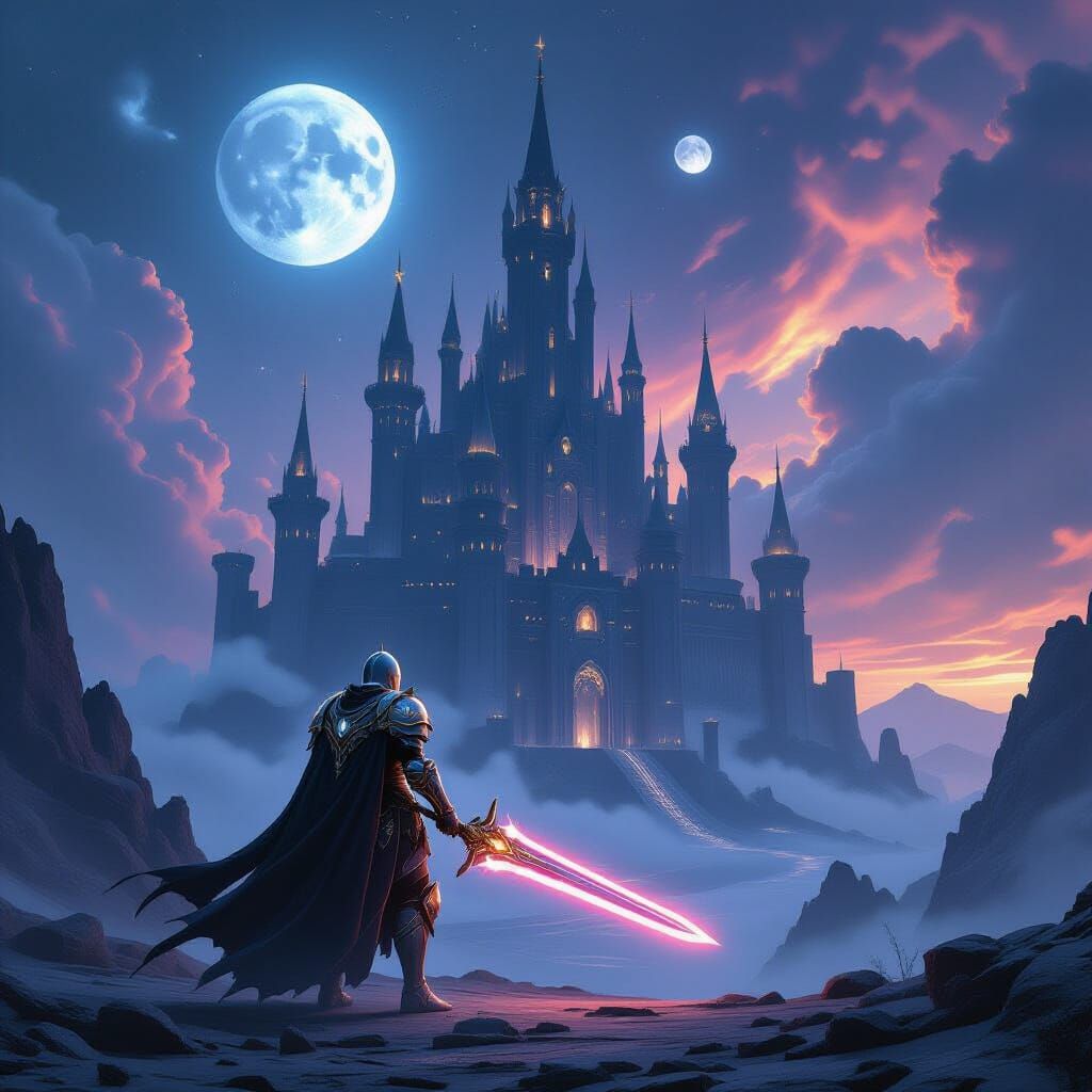 Knight Before Colossal Castle on Alien Planet