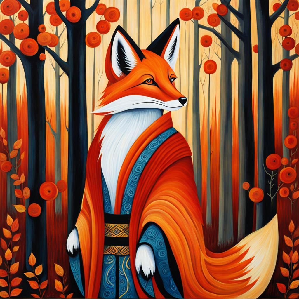 Kitsune Woman in Forest, Fine Art Painting