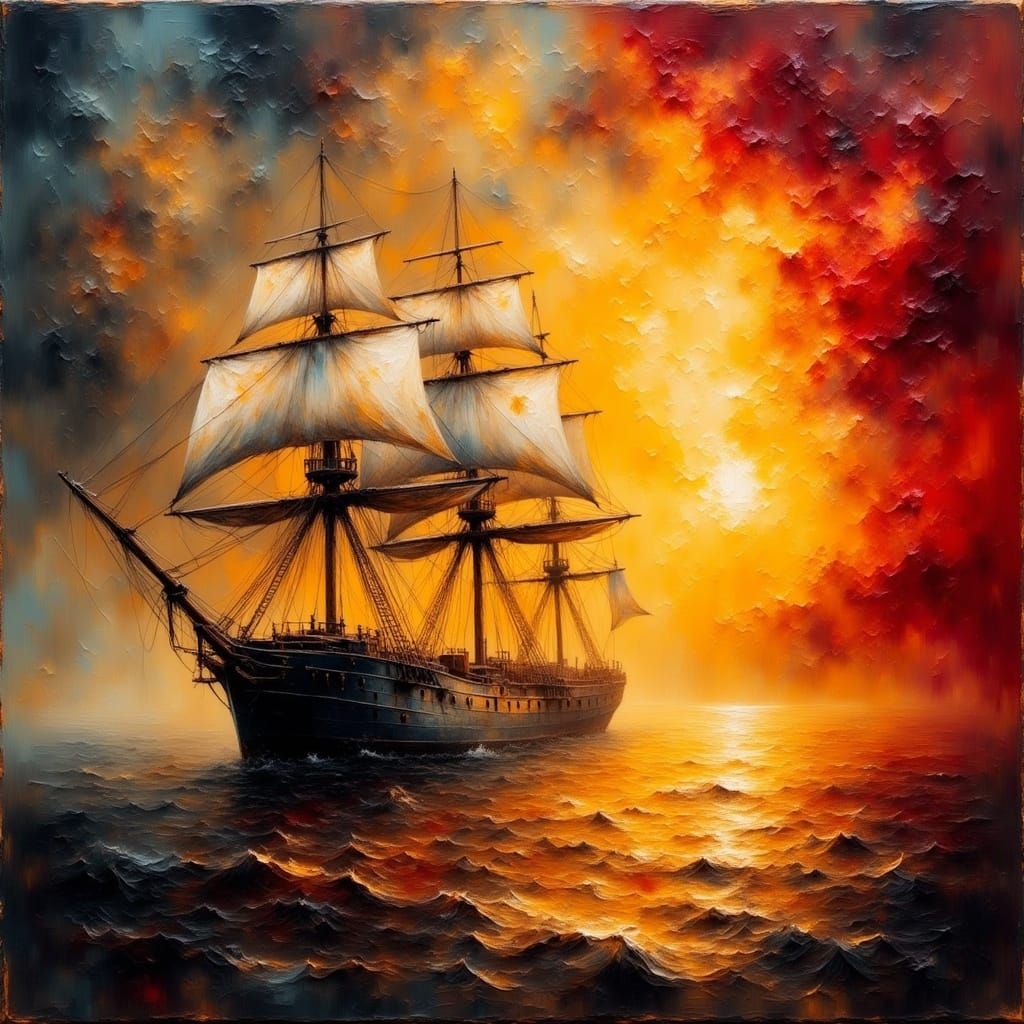 Turner-Inspired Sunset Seascape Painting of HMS Temeraire