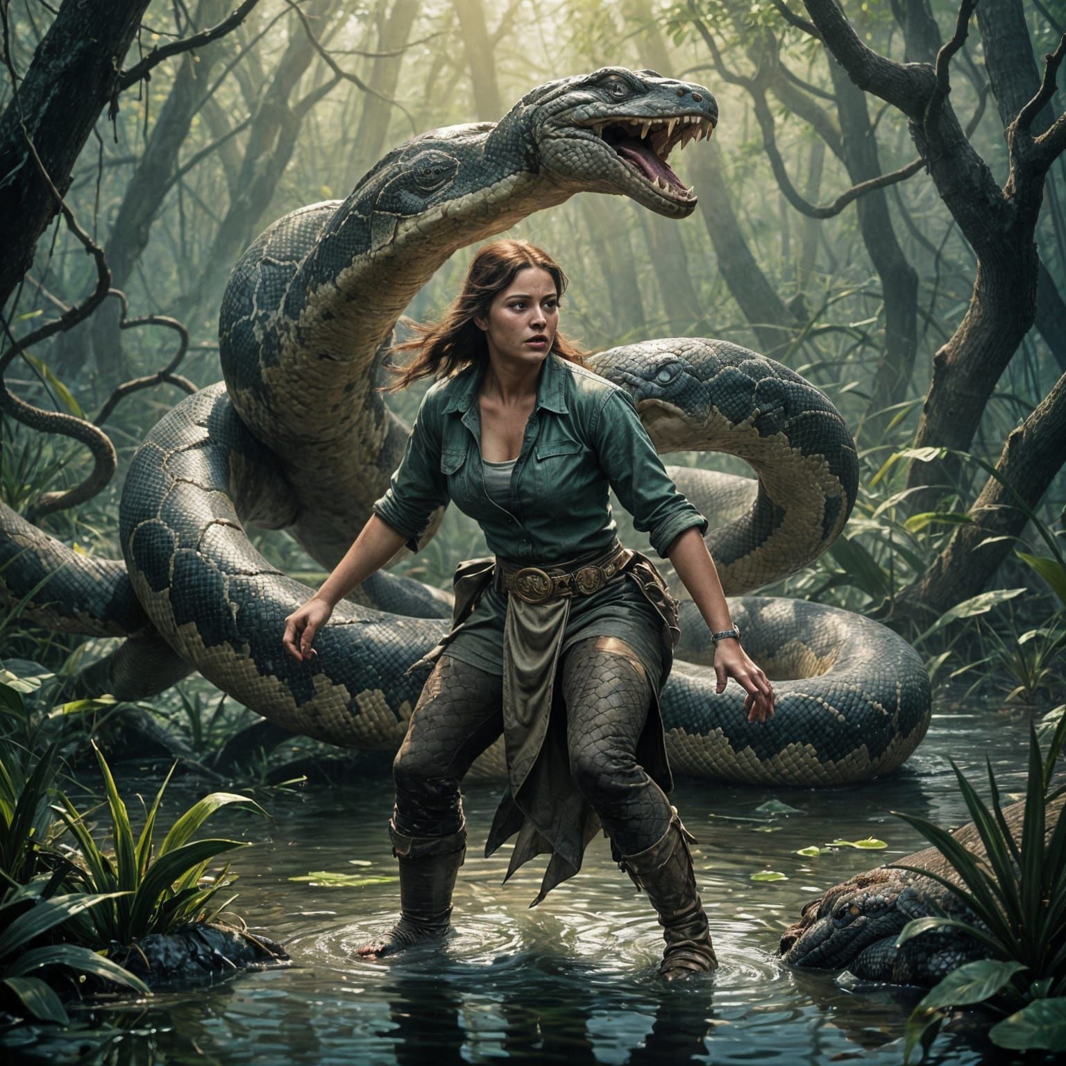 Mysterious Swamp Encounter in Primal Oil Painting