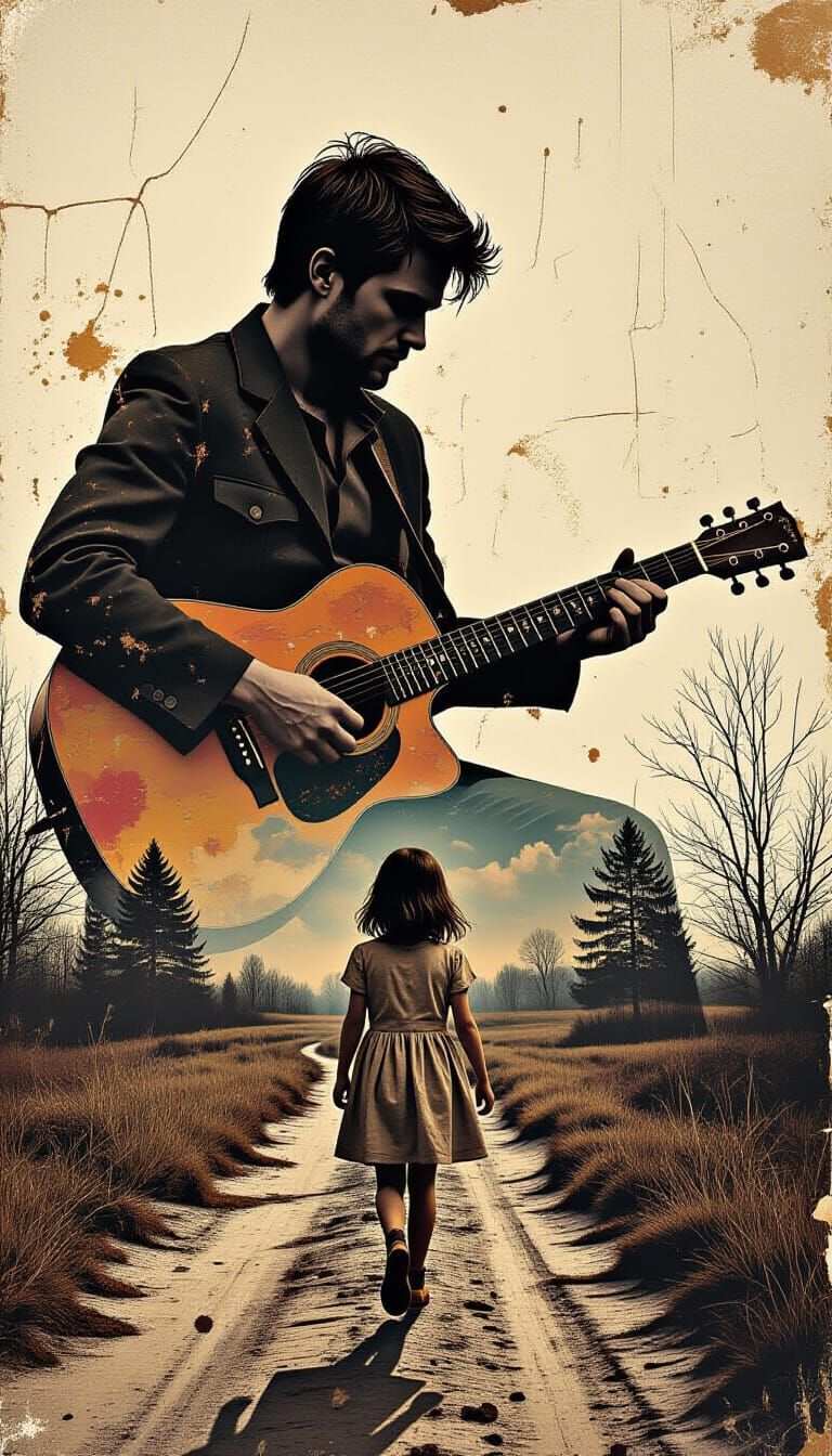 Guitarist Silhouette and Girl Walking Away