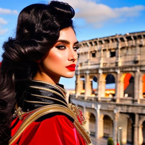 beautiful modern italian girl in Rome, black hair, red lips, pretty face, pretty features, pretty place, see, great smal...