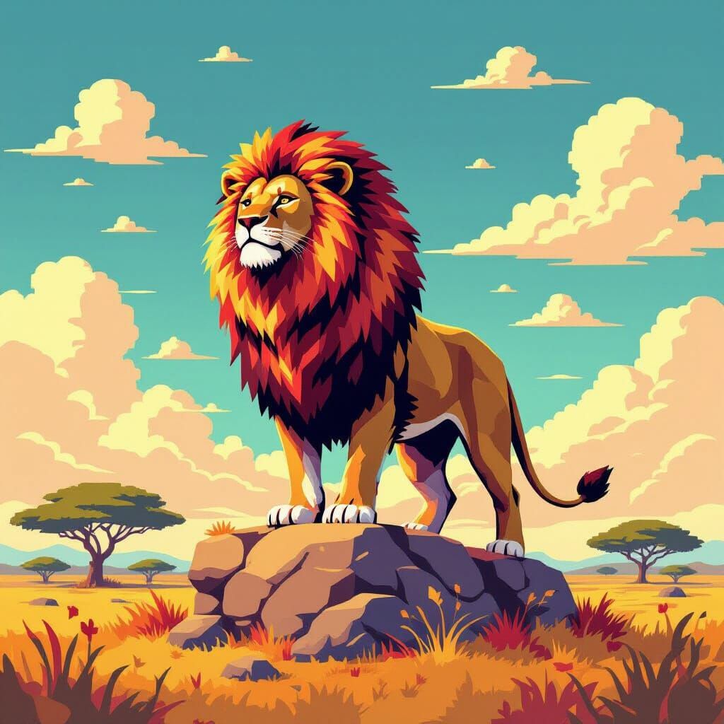 Majestic Pixel Art Lion on Blocky Savanna