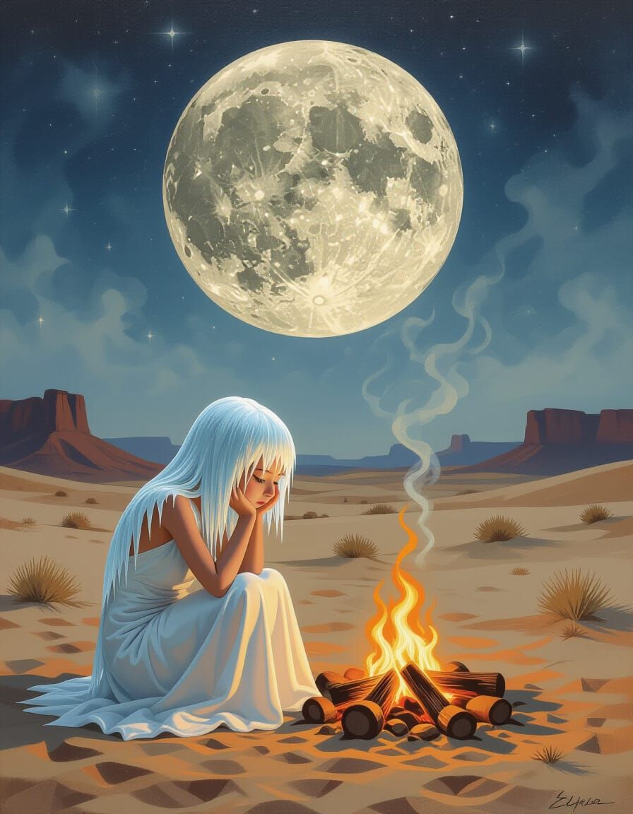 Girl of Ice by Fire in Desert Under Ash Moon