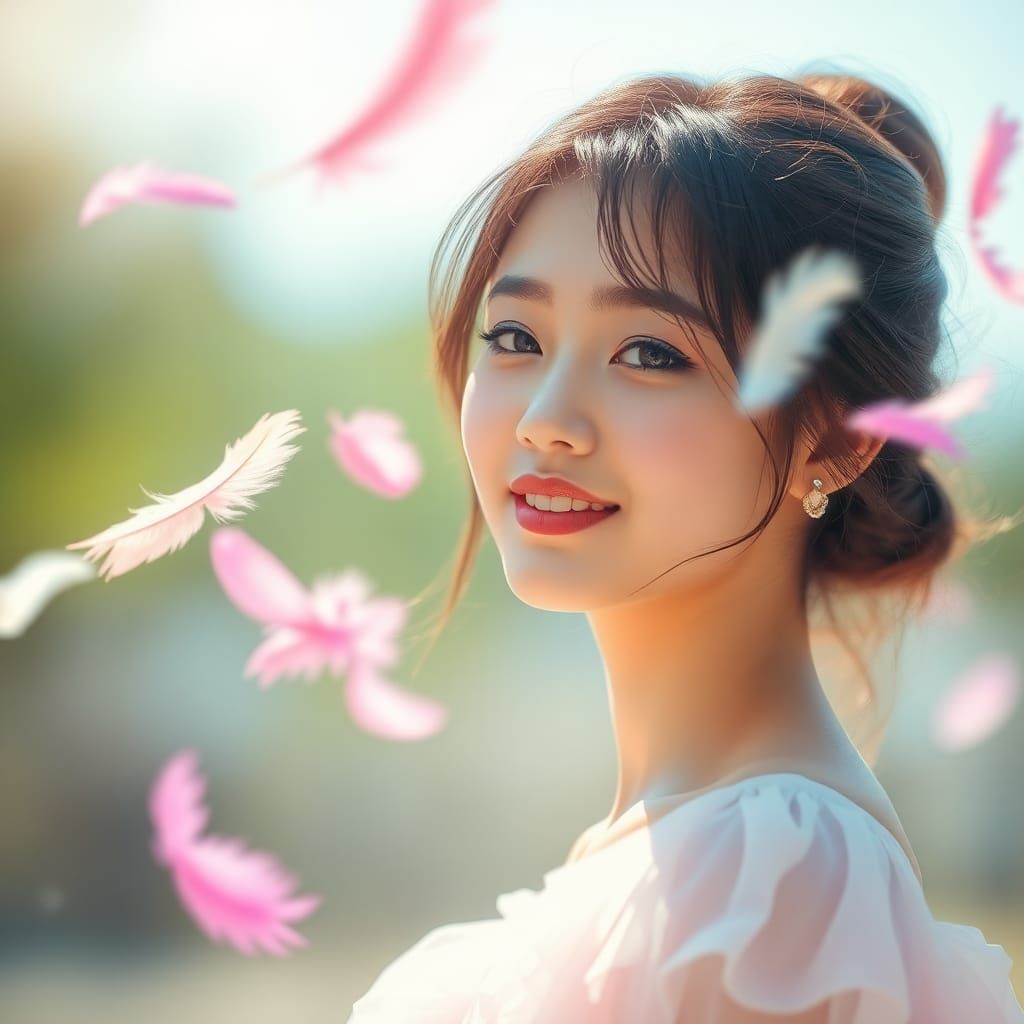 Dreamy Portrait of Asian Woman with Feathers