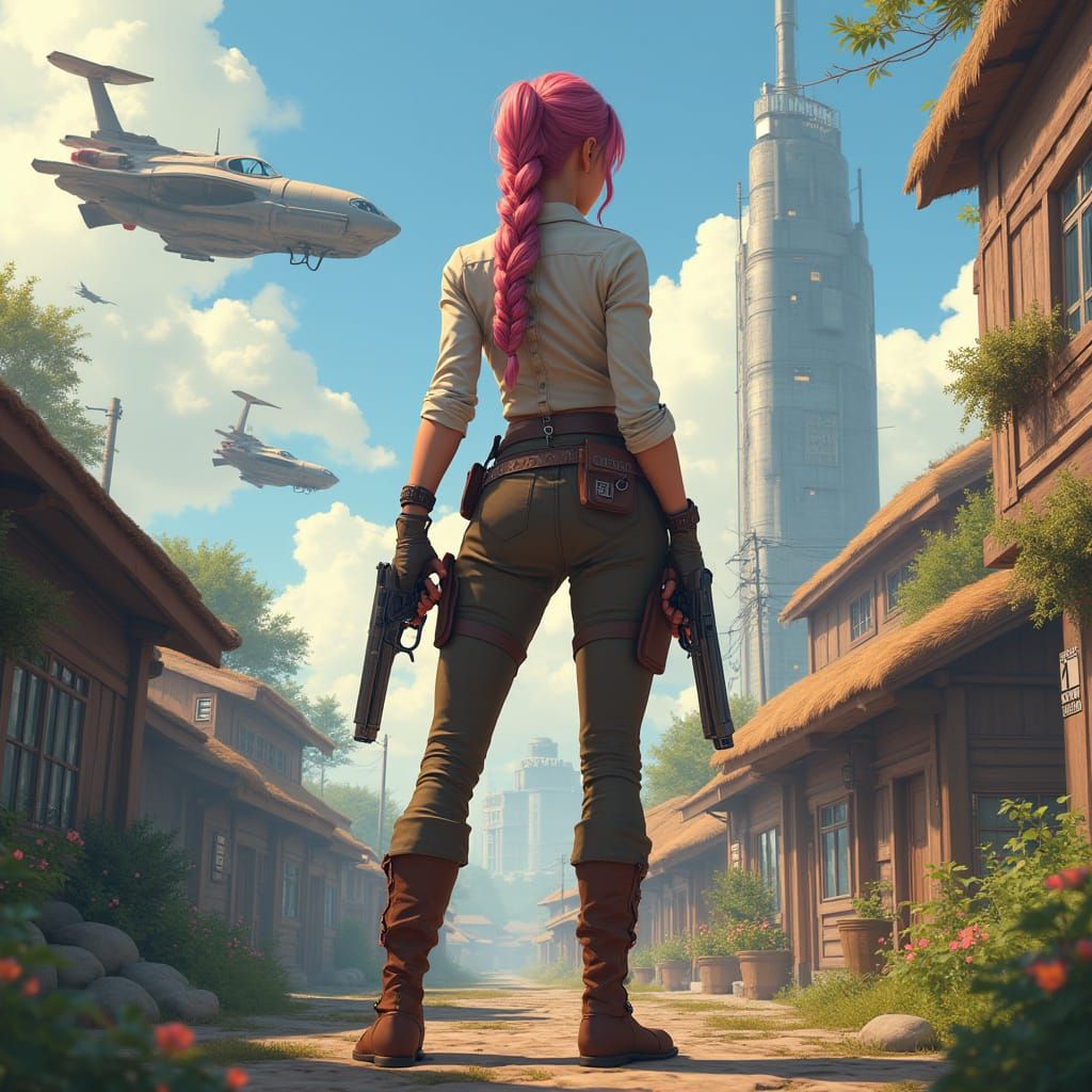 Confident Adventurer Surrounded by Retro-Futuristic Village