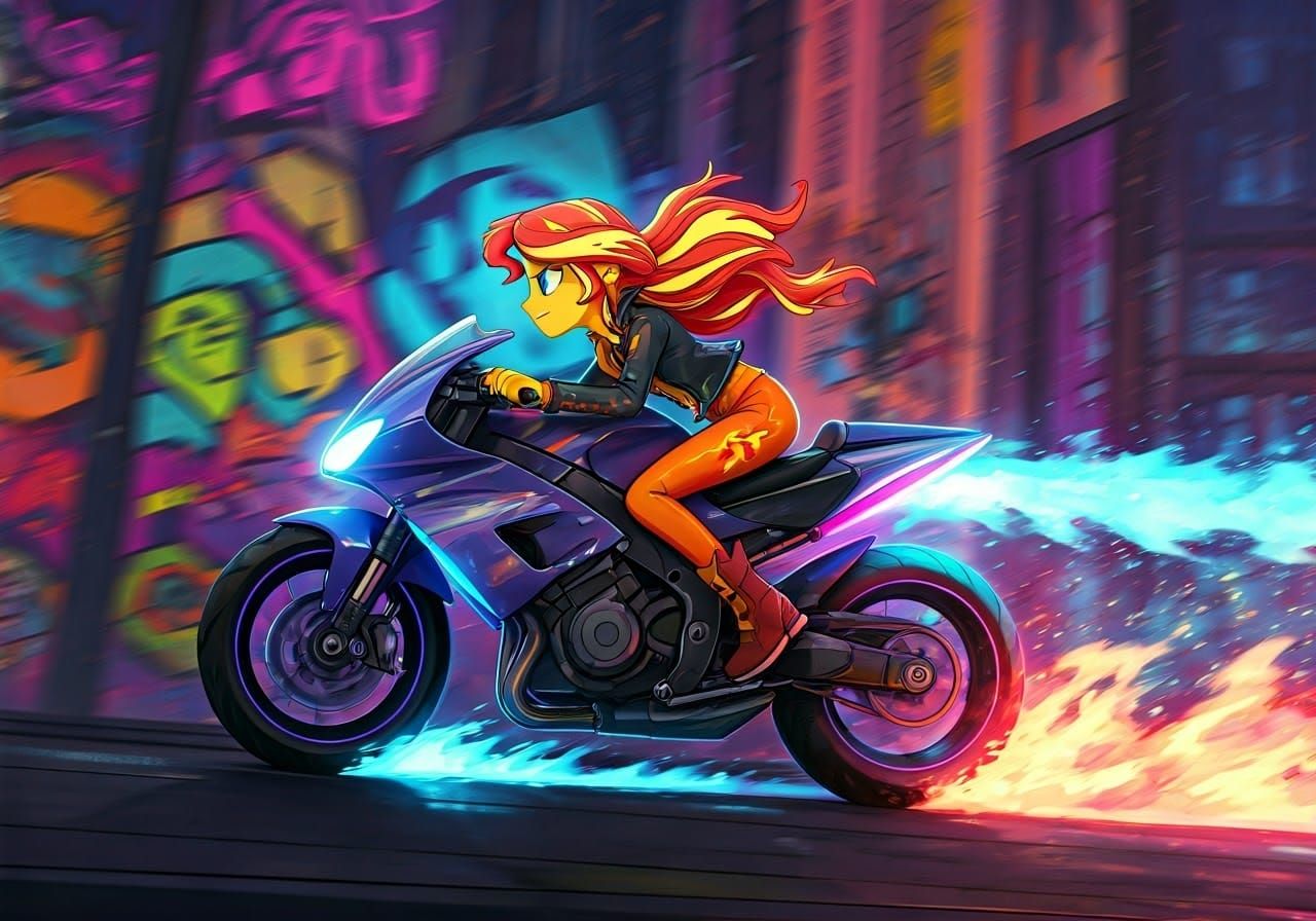 Sunset Shimmer Rides Neon Motorbike Through Cityscape