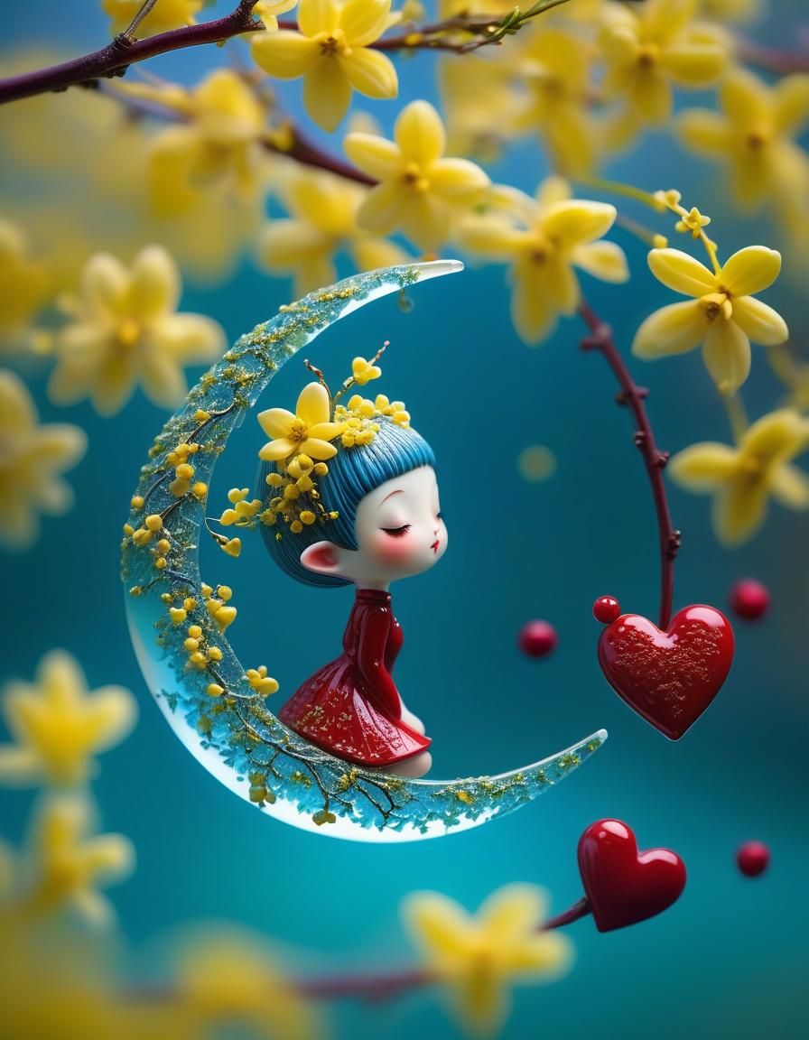 Dreamlike Pixie Moth Girl on Ceramic Moon, Macro Art