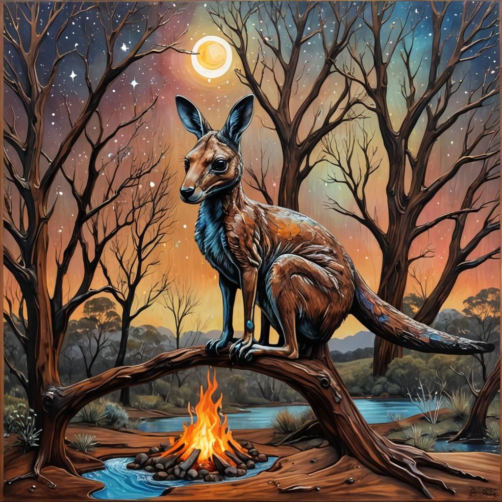 Kangaroo in Australian Landscape as Mixed Media Art