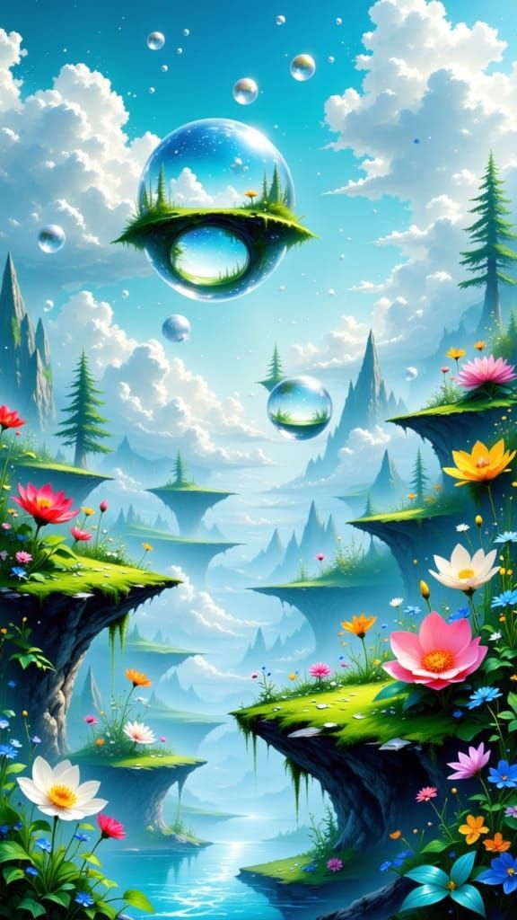 Dreamy Floating Landscape with Crystal Bubbles