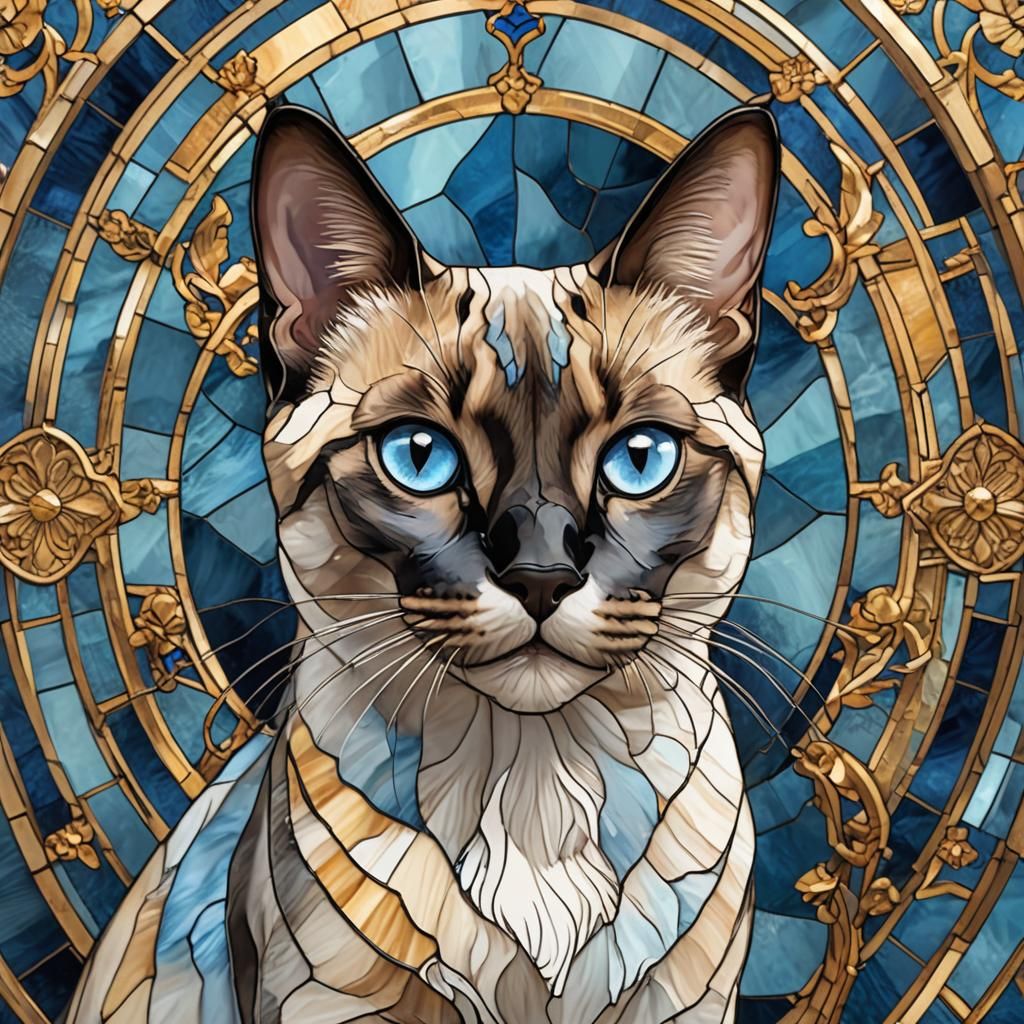 Detailed Stained Glass Siamese Cat Illustration