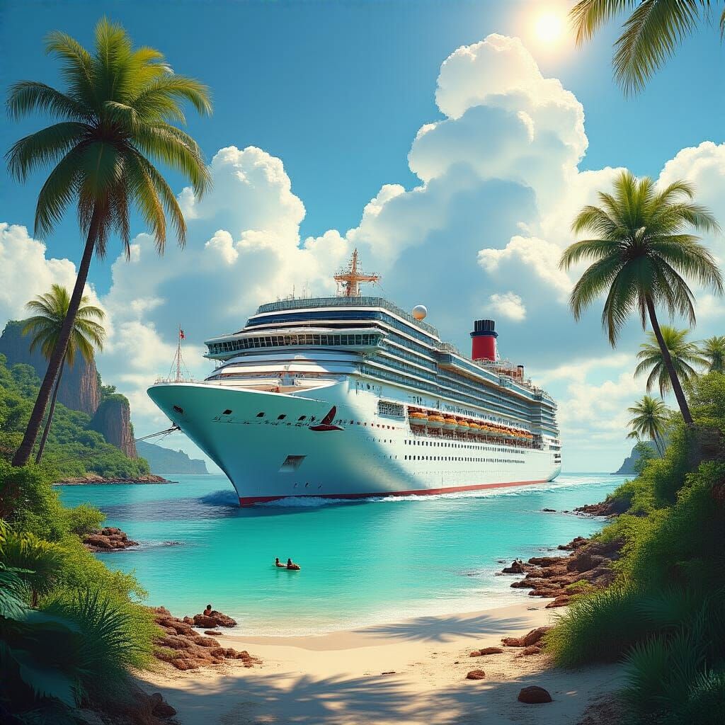 Tropical Cruise Ship Arrival in Photorealistic Style