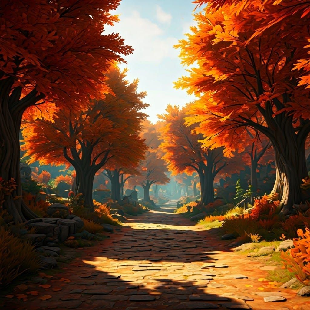 Festive Autumn Landscape in Golden Light, Detailed Matte Pai...