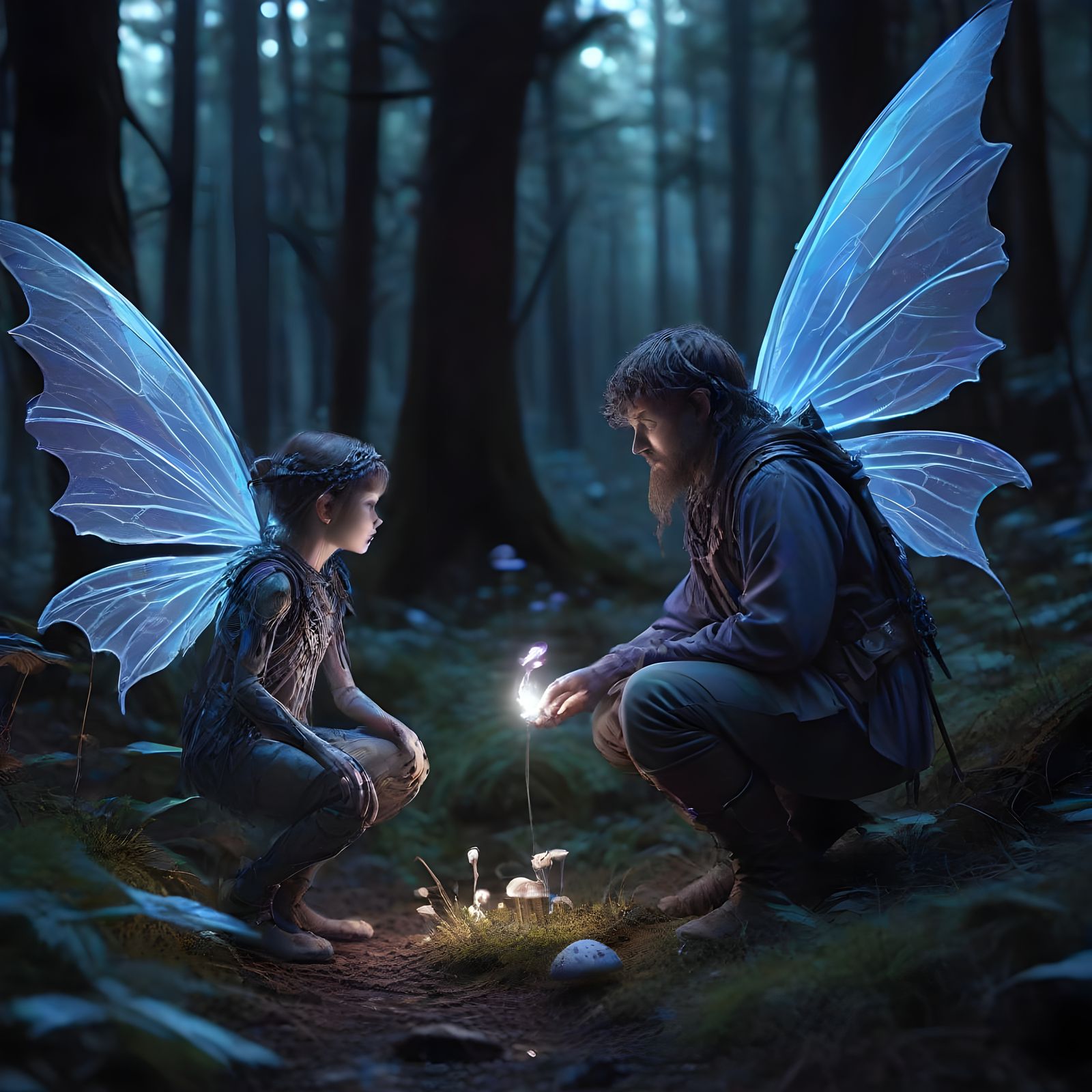 Hobbit and Fairy Encounter in Bioluminescent Forest