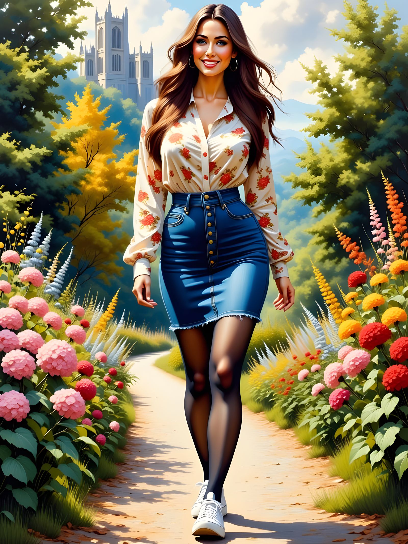 Woman in Floral Blouse in Art Nouveau Style