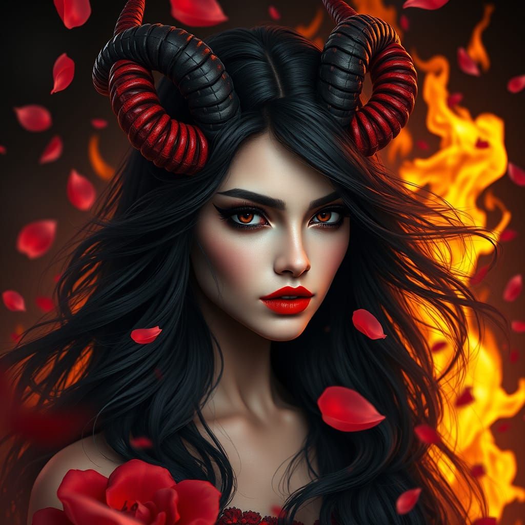 Goddess Portrait with Fiery Flames and Rose Petals