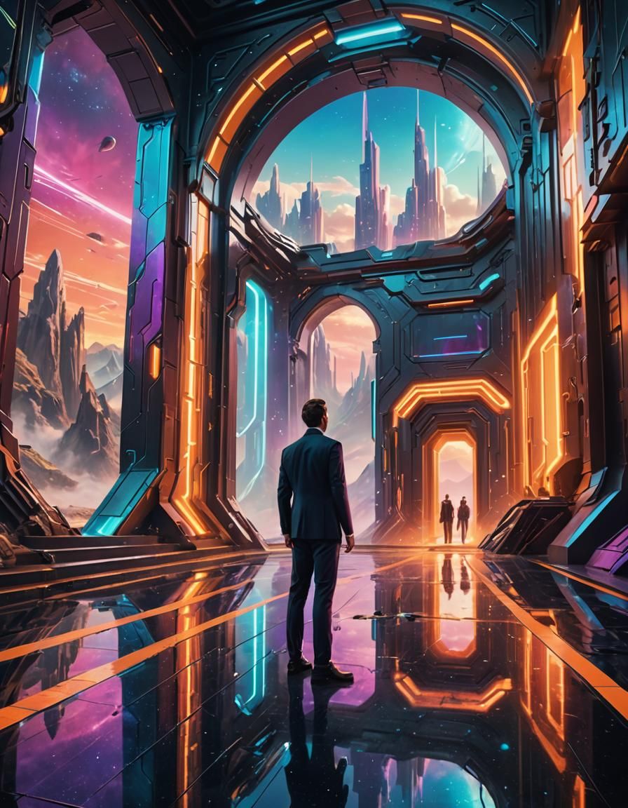 Futuristic Tour Guide Directs Travelers in Digital Oil Paint...