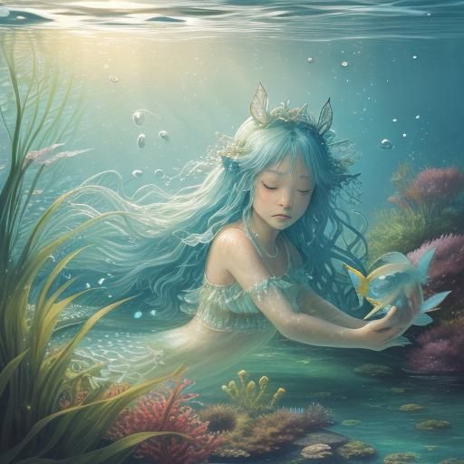 Baby Naiad in Underwater Garden: Watercolor Art