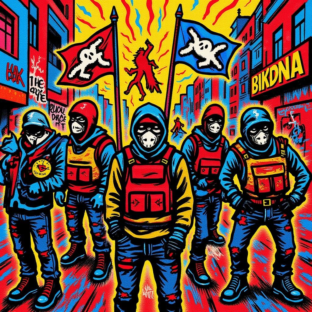 Chaotic Urban Protest in Banksy and Basquiat Style