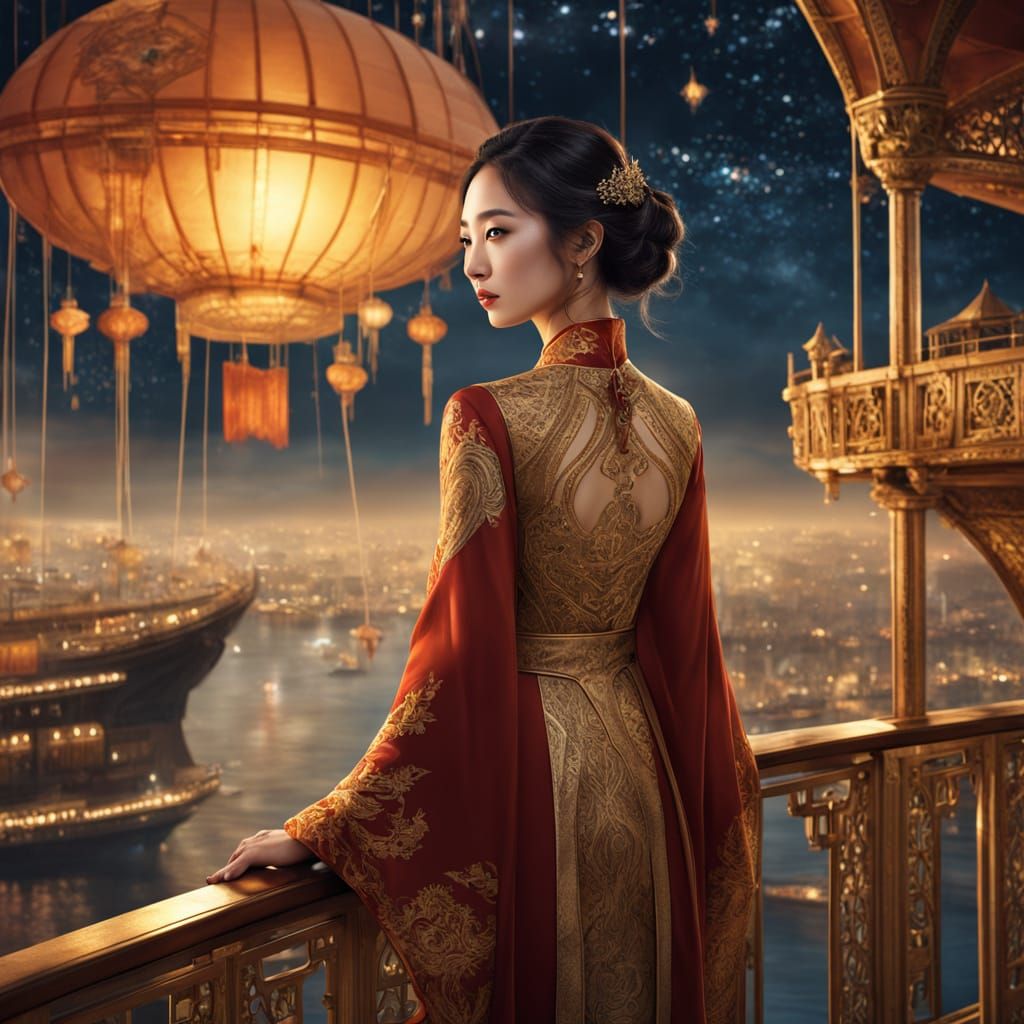 Fantasy Portrait: Chinese Lady on Airship Balcony