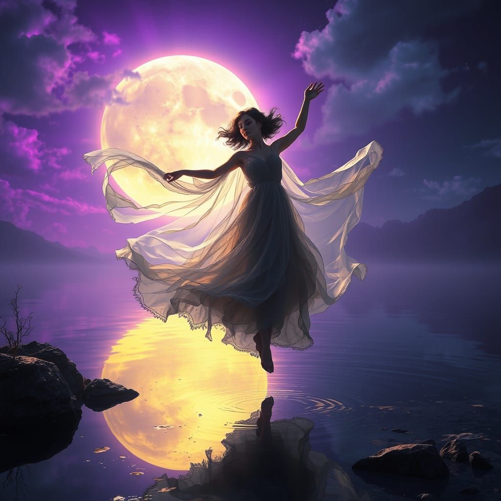 Ethereal Ghost Dancer Above Moonlit Lake