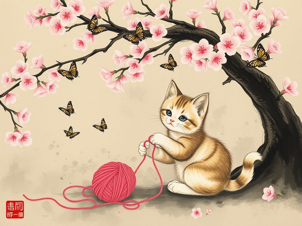 Surreal Sumi-e Scene of Whimsical Kitten in Sakura Bloom