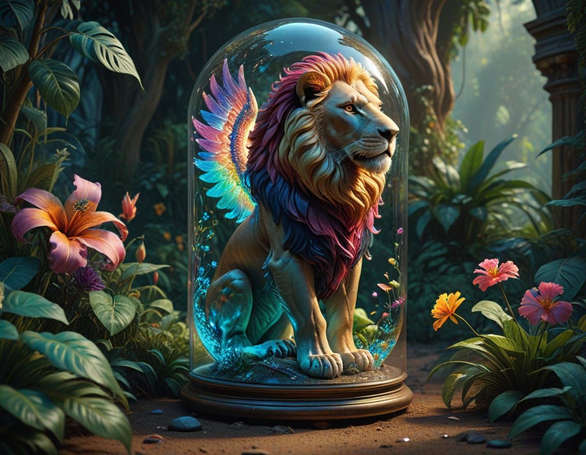 Winged Lion in Hourglass Jungle, Surrealist Dreamscape