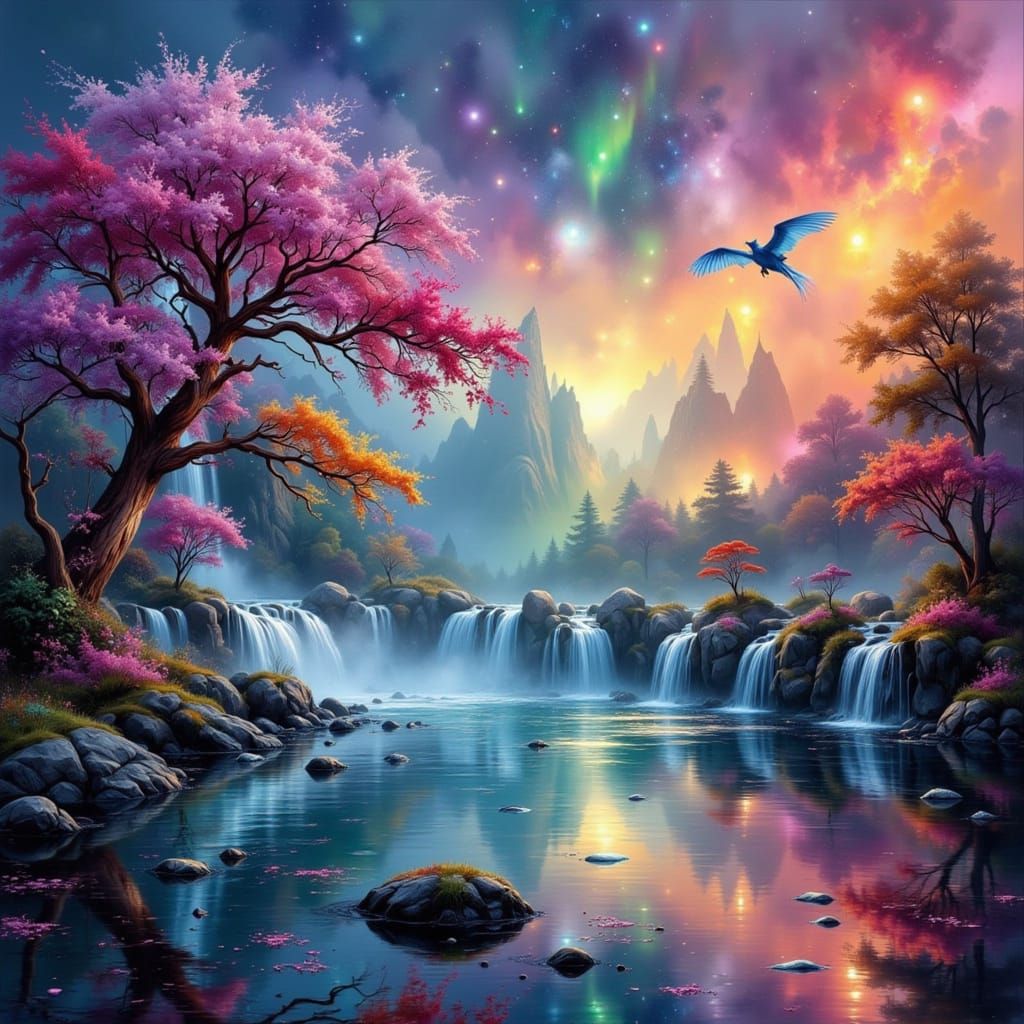 Enchanted Landscape with Crystalline Trees and Dragon