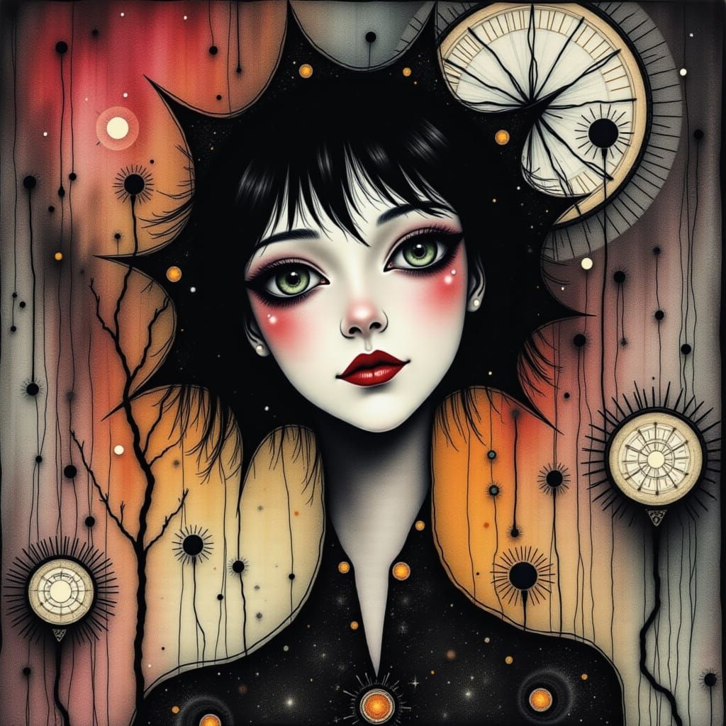 <lora:Klee 1:1.0> <lora:BW3:1.0> Steampunk vividly colourful close-up portrait of a beautiful cool dejected young woman ...