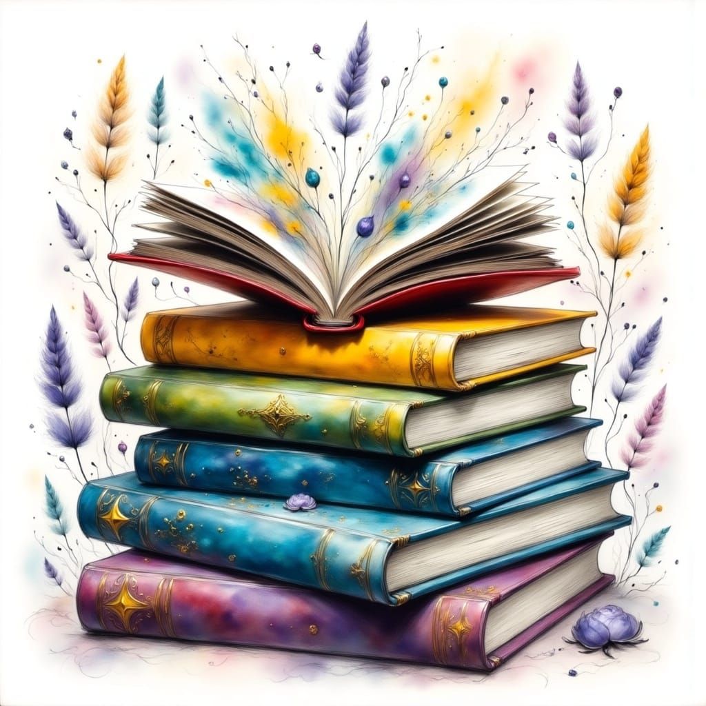 Whimsical Book Collection with Colorful Covers and Fantastic...