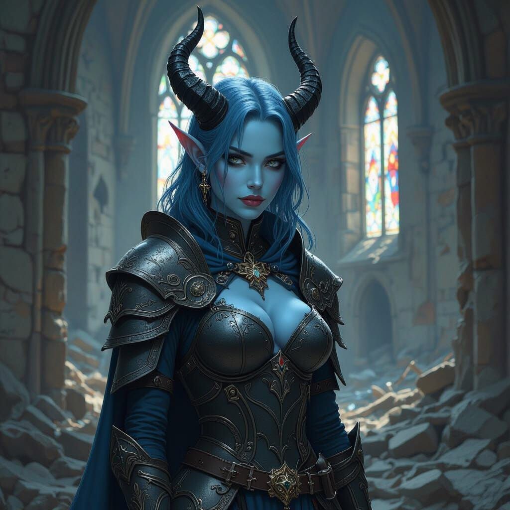 Blue Tiefling in Ruined Church, Dark Fantasy Art