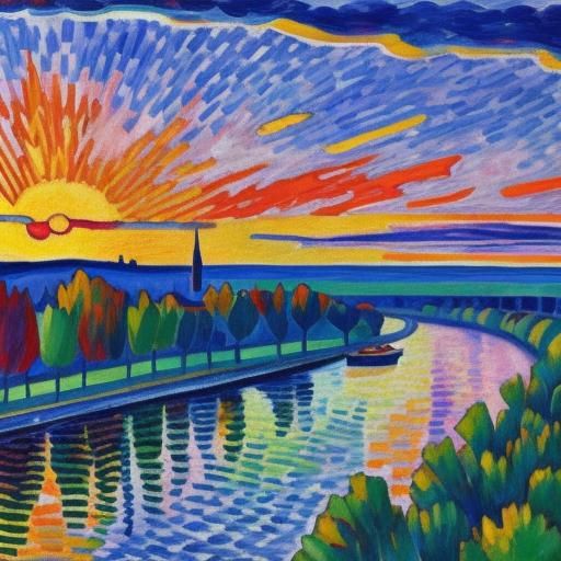 Fauvist Sunrise Scene Across the River