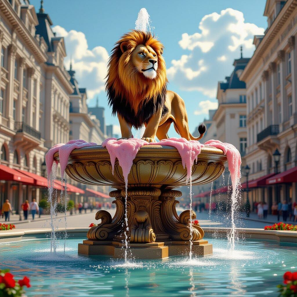 Lion Roars Atop Strawberry Fountain, Photorealistic Art