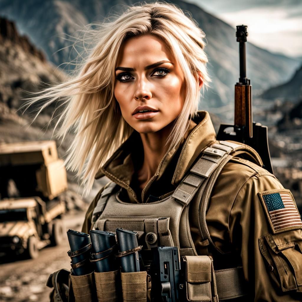 Beautiful Modern Soldier in Post-Apocalyptic Landscape