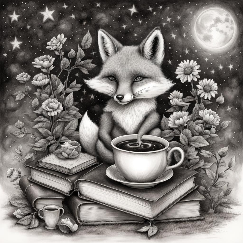 Magic Fox in Moonlight with Books: Charcoal Drawing