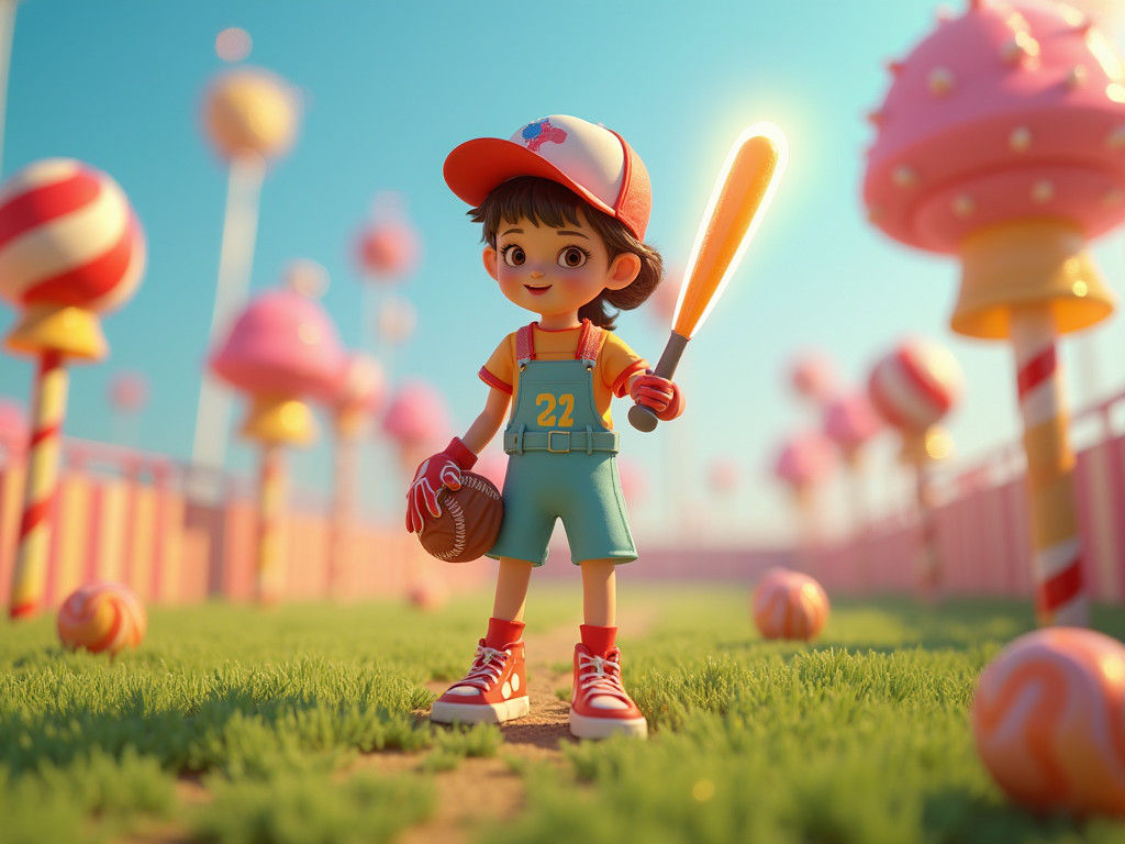 Softball Player in Candyland Wonderland: 3D Digital Art