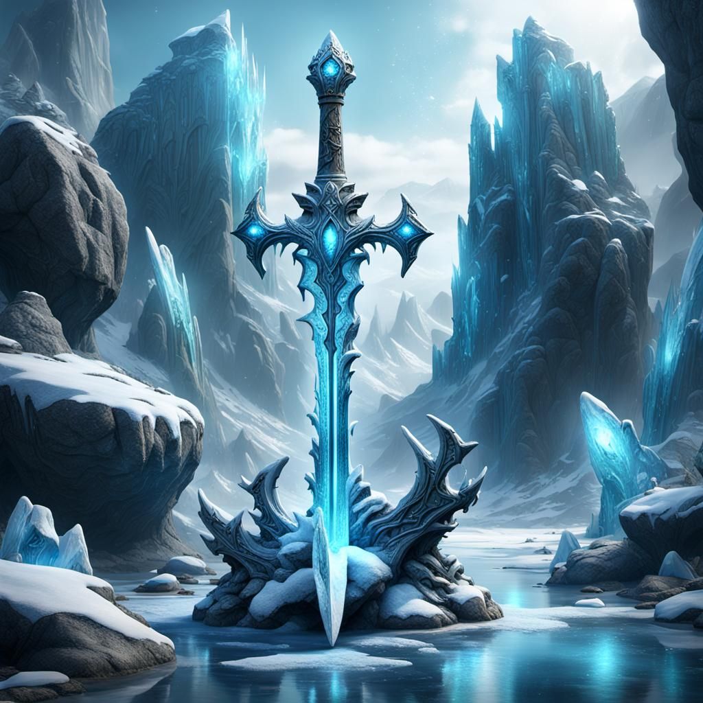 Enchanted Ice Sword in Fairy Rock: Detailed Fantasy Art