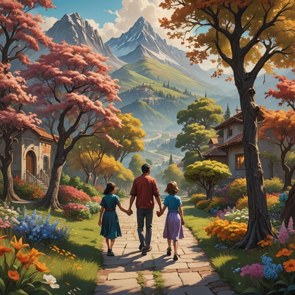 Family Stroll in Fantastical Landscape: Detailed Matte Paint...
