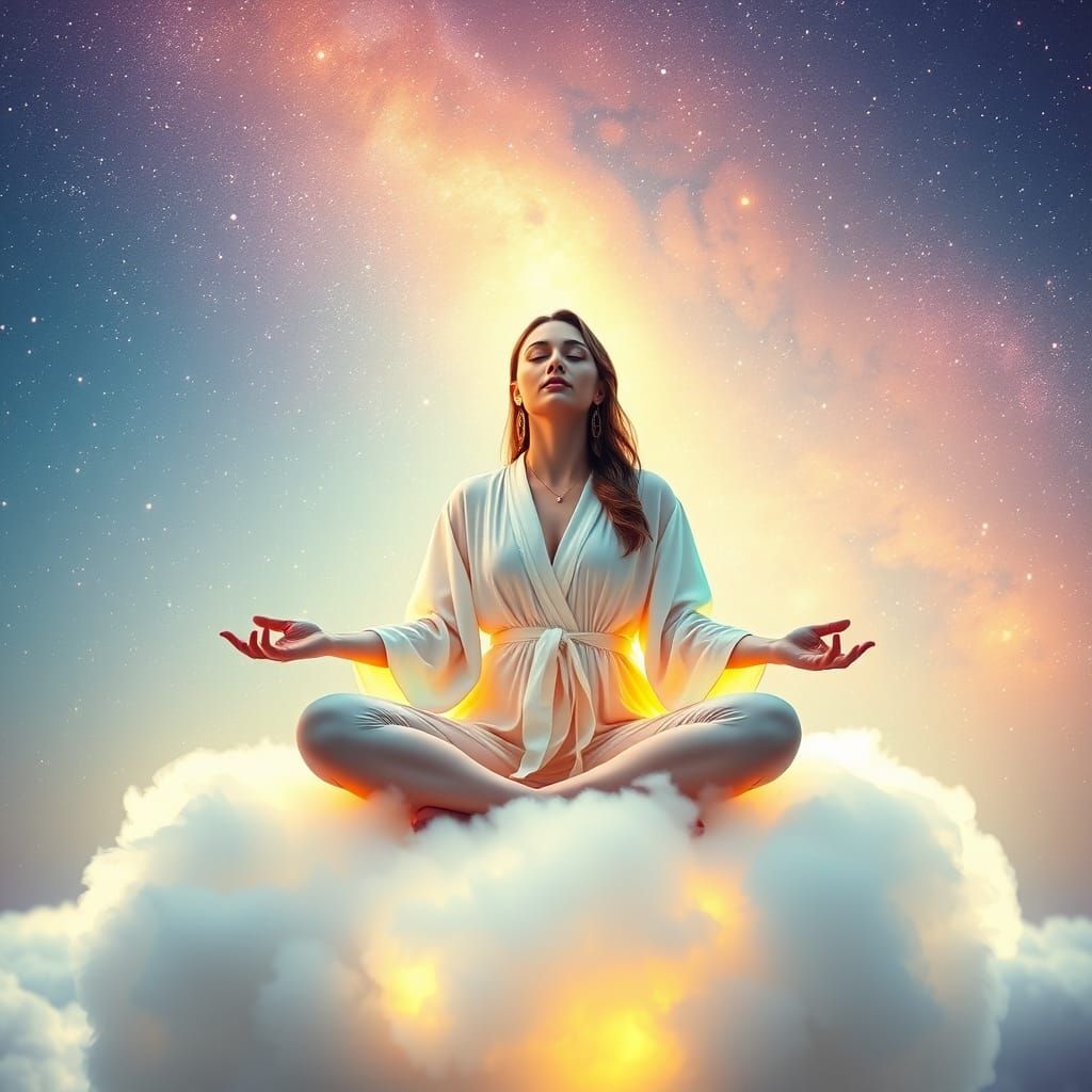 Ethereal Woman Meditating on Cloud in Starry Sky