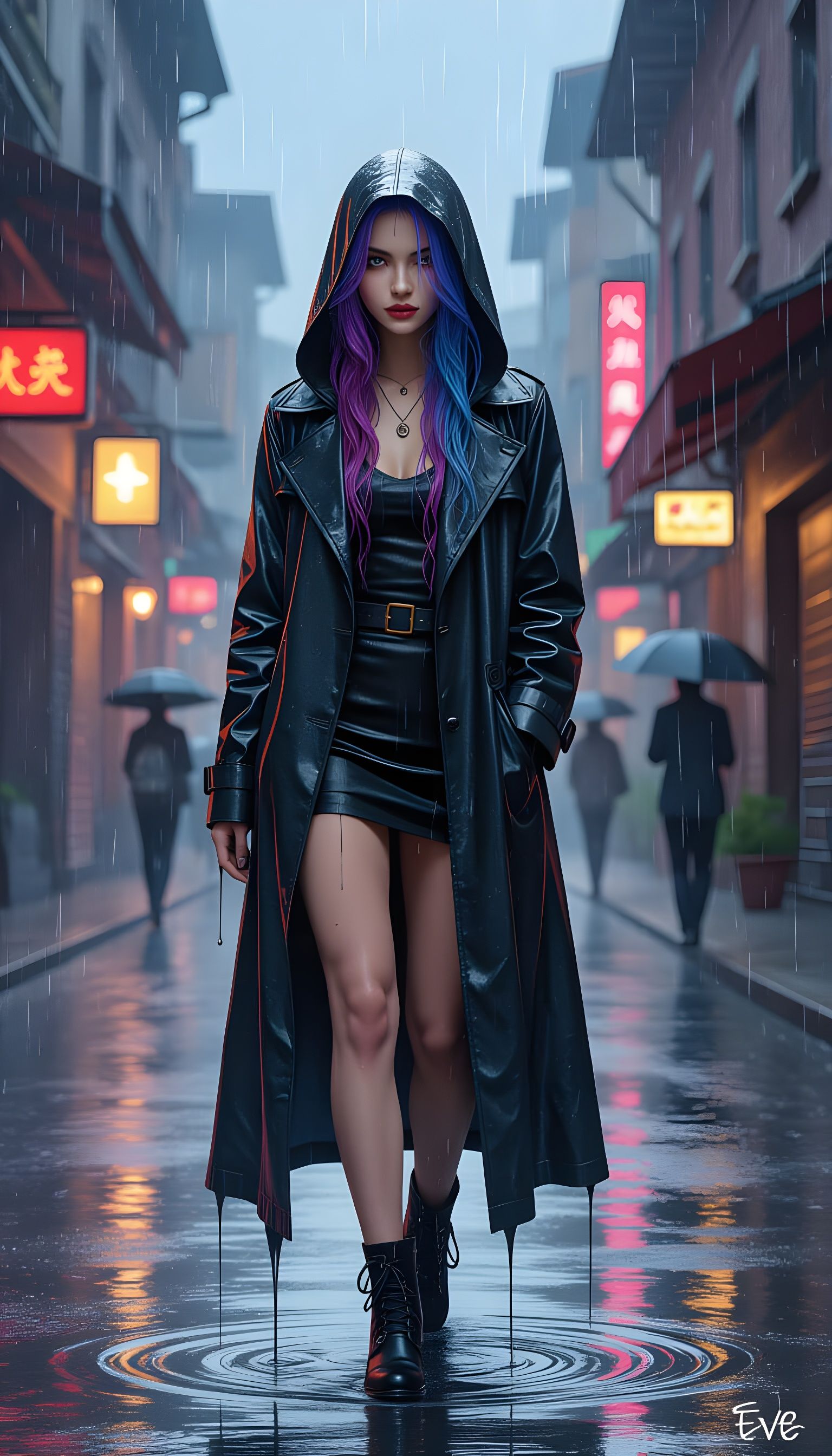 Boho-Gothic Woman in Rainy Cityscape, Oil Painting