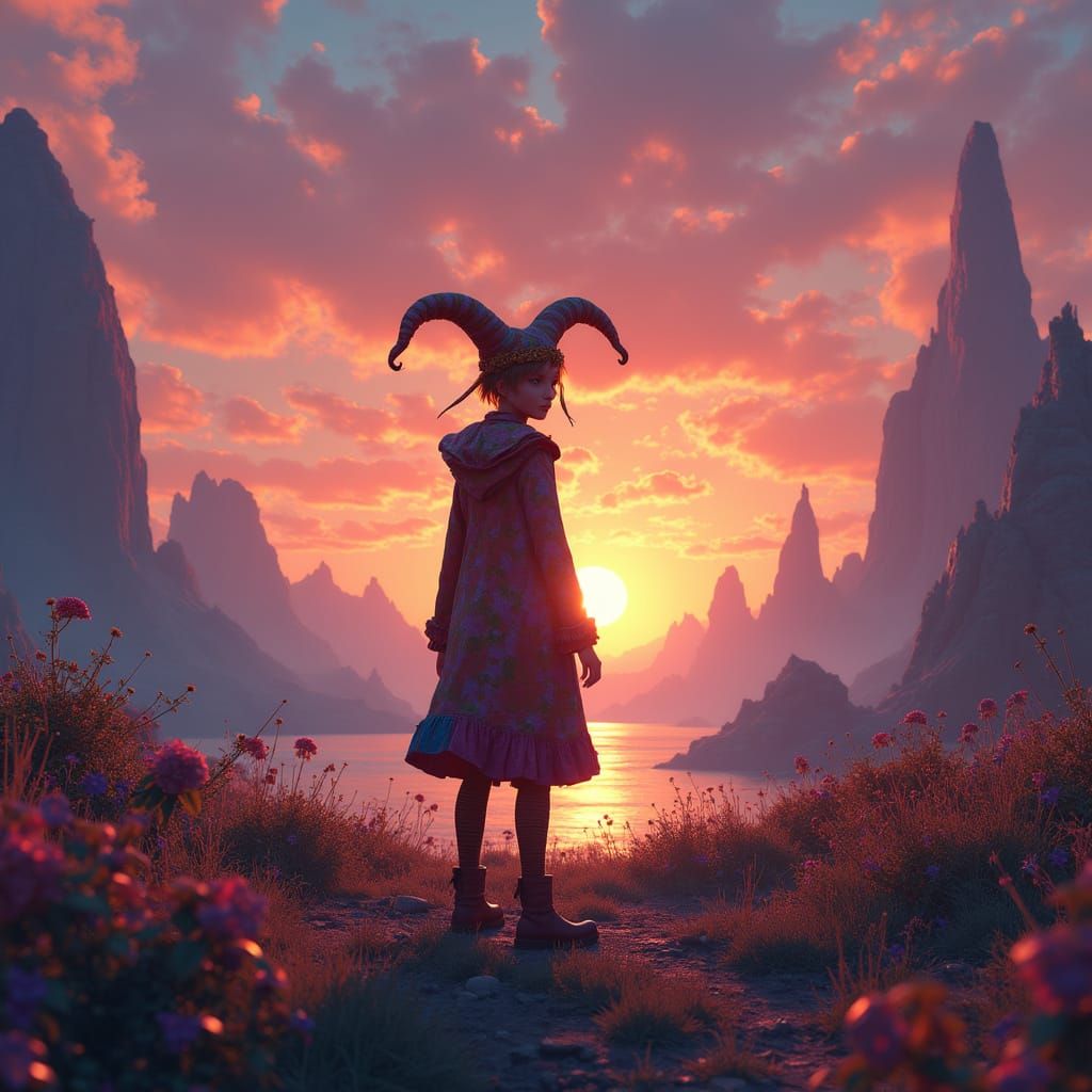 Harlequin in a Dreamlike Sunset Landscape