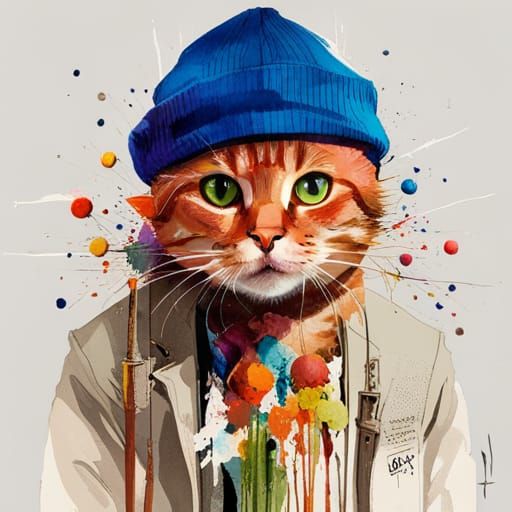 Anthropomorphic Cat Burglar in Watercolor Splash Art