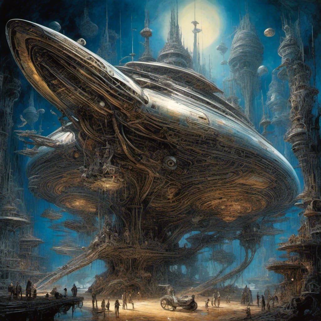 Giger-esque Sci-Fi Starship Made of Gems